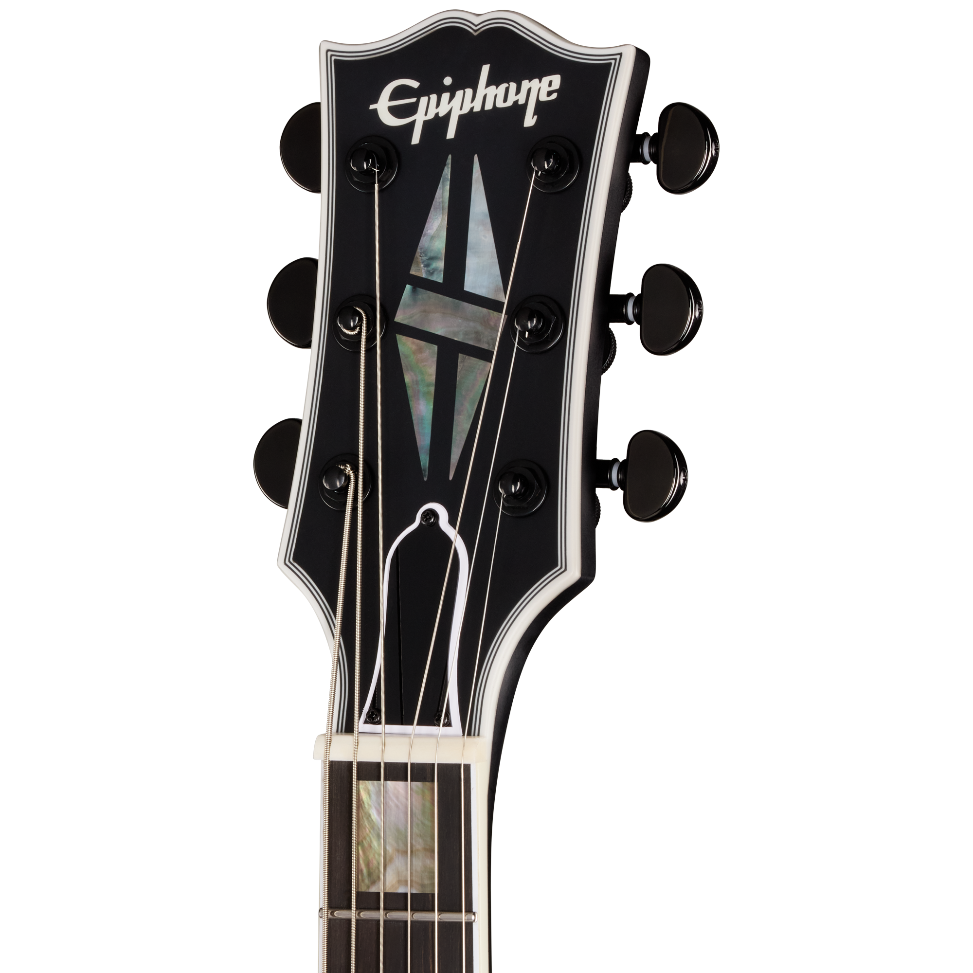 E-Gitarren-Kopfplatte, schwarze Lackierung, Perlmutt-Inlay, sechs Saiten, Stimmmechaniken